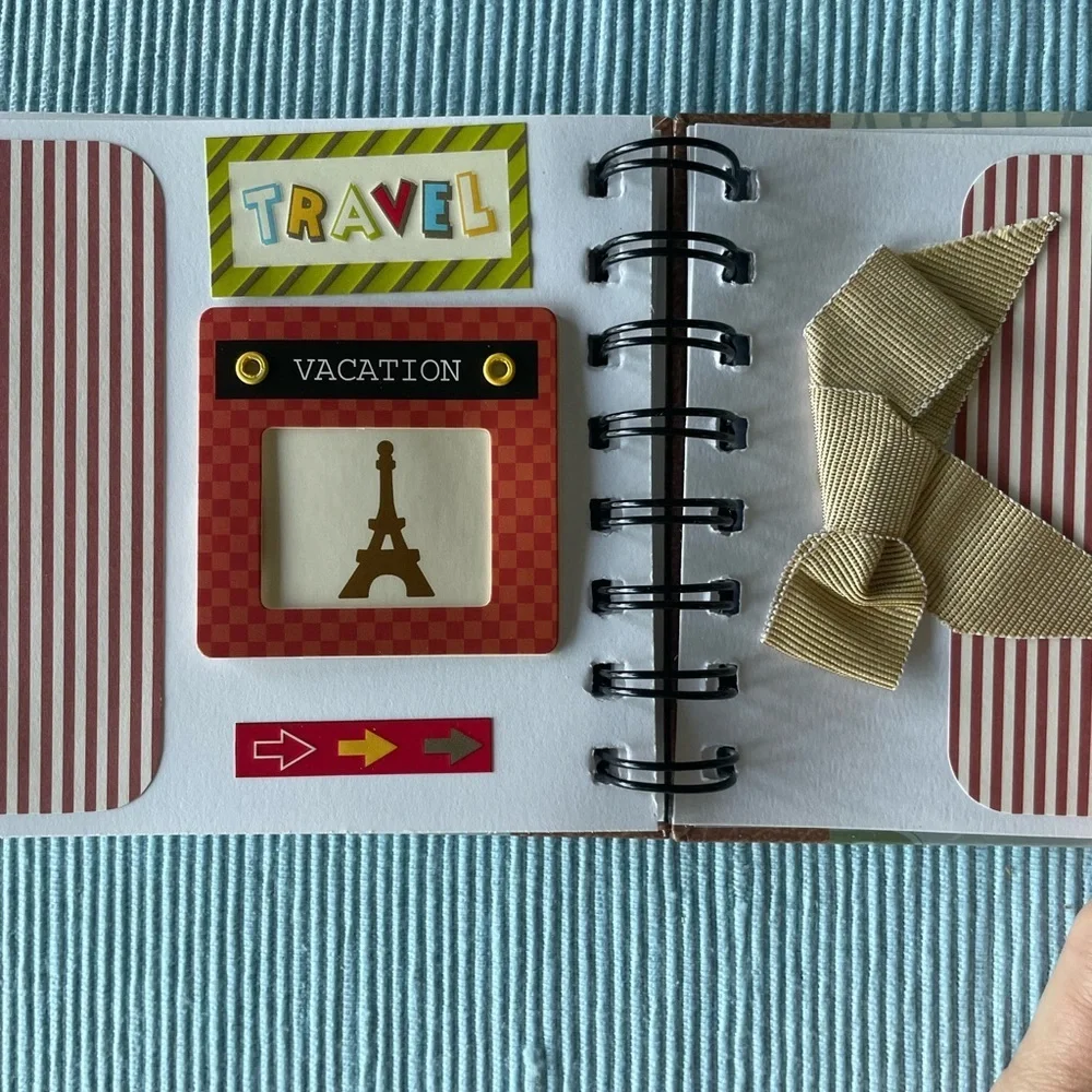 Travel Themed Pre-made Spiral Scrapbook with Bow- picture-ready! 8.25x4.5”